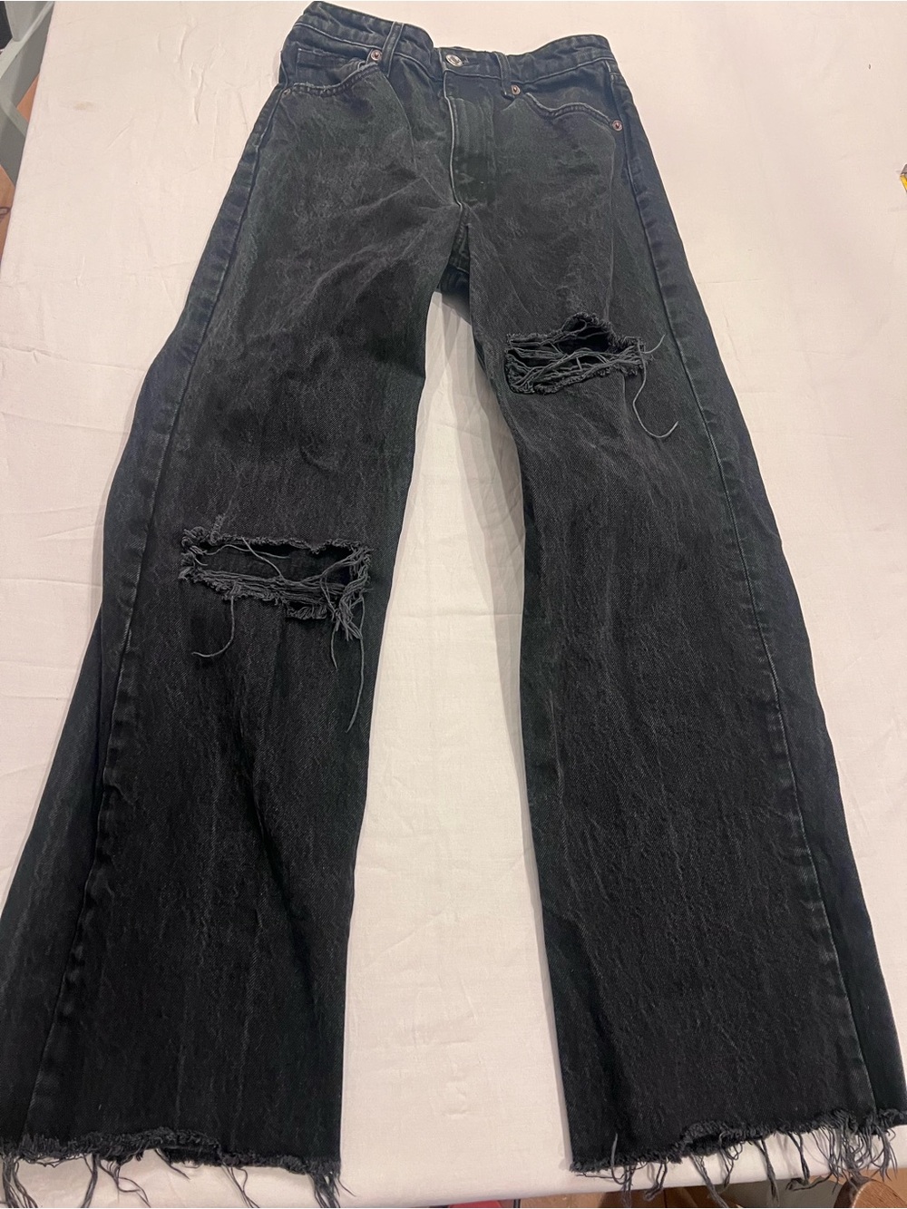 Zara Women’s Black Charcoal Wash Distressed Wide-Leg Denim Jeans Pockets US6